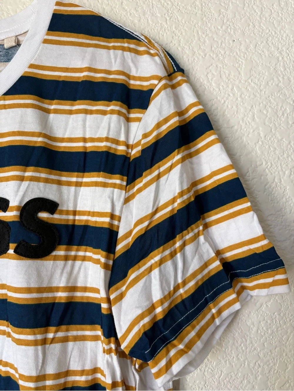 GUESS White Navy & Mustard Striped Logo Tee - Picture 4 of 8